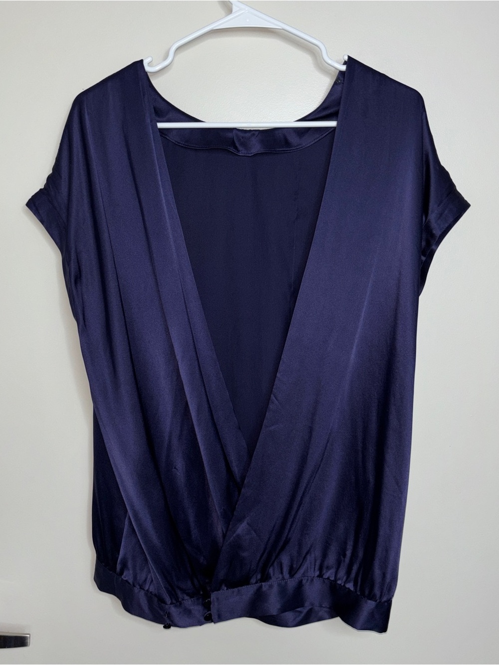 Club Monaco 100% Silk Navy Satin Surplice Wrap Blouse